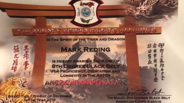 Mark Reding Received his 8th Degree Black Belt in American Kenpo Karate